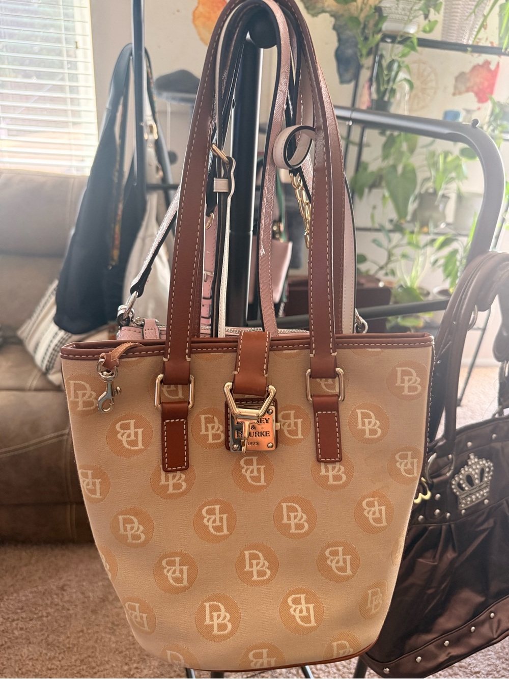 Dooney & Bourke Tan and Brown Signature Tote with Gold Hardware